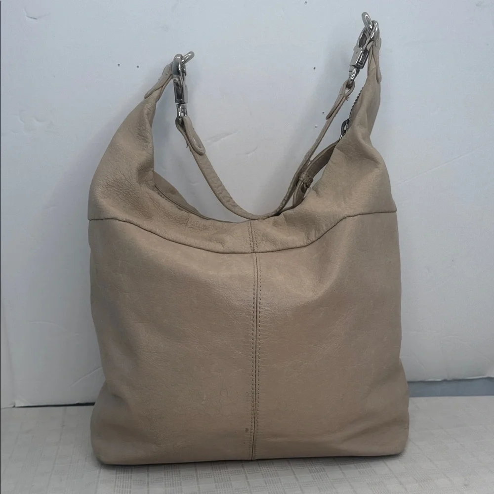 HOBO Taupe Pebble Leather Slouch Shoulder Bag Front Zip Pocket